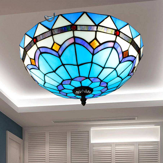 Stained Art Glass Flush Mount Ceiling Light with Traditional Bowl Shade