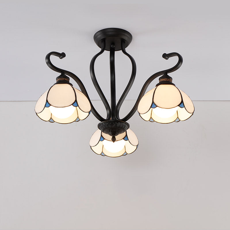Handcrafted Scalloped Tiffany Glass Ceiling Chandelier For Living Room 3 / White