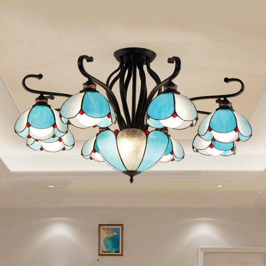 Handcrafted Scalloped Tiffany Glass Ceiling Chandelier For Living Room 9 / Blue