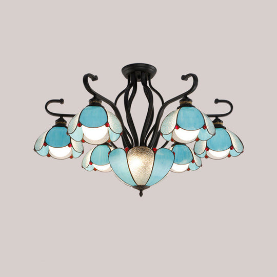 Handcrafted Scalloped Tiffany Glass Ceiling Chandelier For Living Room 7 / Blue