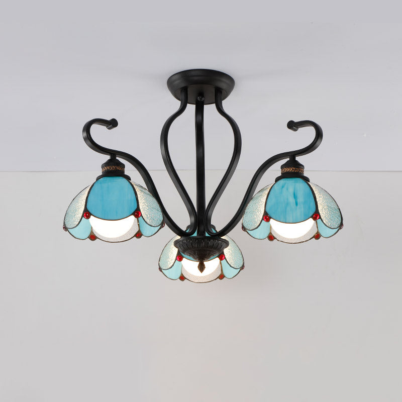 Handcrafted Scalloped Tiffany Glass Ceiling Chandelier For Living Room 3 / Blue