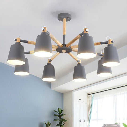 Simplistic Wooden Radial Chandelier Pendant Light - 6 Heads Tapered Metallic Shade For Dining Room
