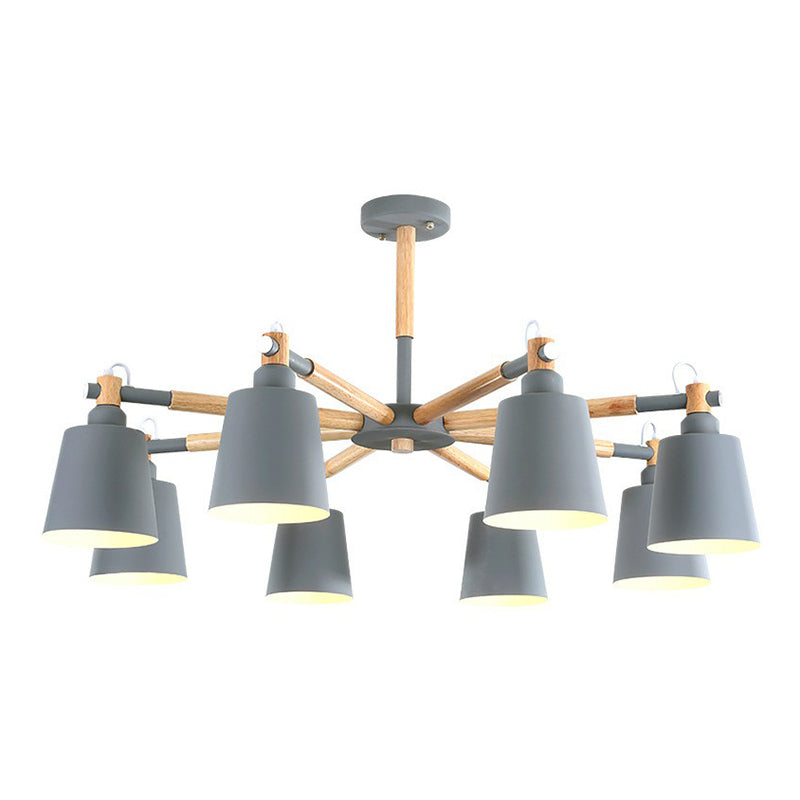 Simplistic Wooden Radial Chandelier Pendant Light - 6 Heads Tapered Metallic Shade For Dining Room
