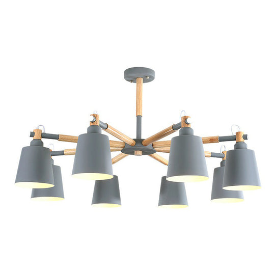 Simplistic Wooden Radial Chandelier Pendant Light - 6 Heads Tapered Metallic Shade For Dining Room