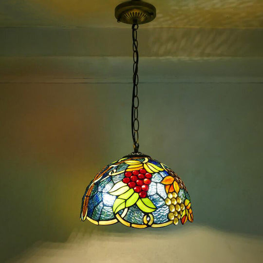 Stained Glass Pendant Light – 1-Head Grape-Inspired Dome Shade Hanging Fixture