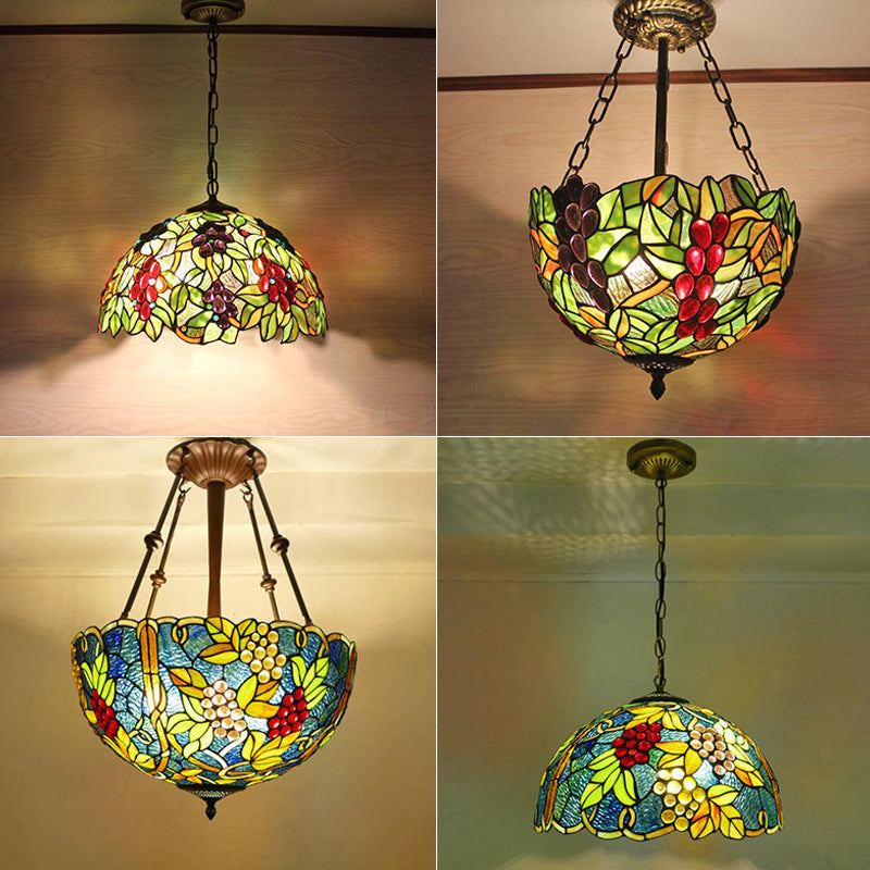Stained Glass Pendant Light – 1-Head Grape-Inspired Dome Shade Hanging Fixture