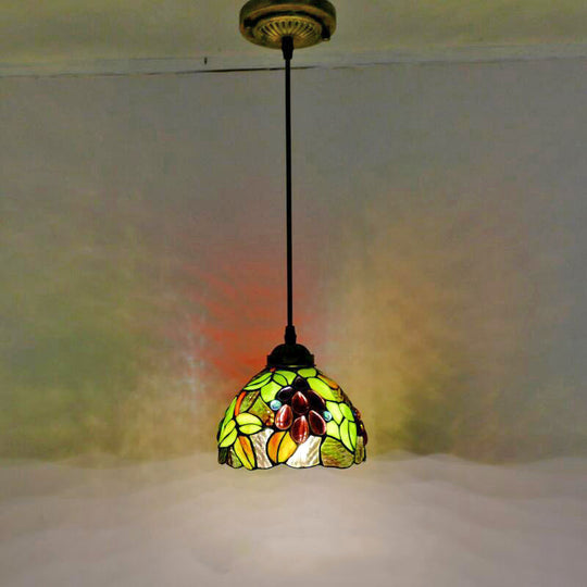 Stained Glass Pendant Light – 1-Head Grape-Inspired Dome Shade Hanging Fixture