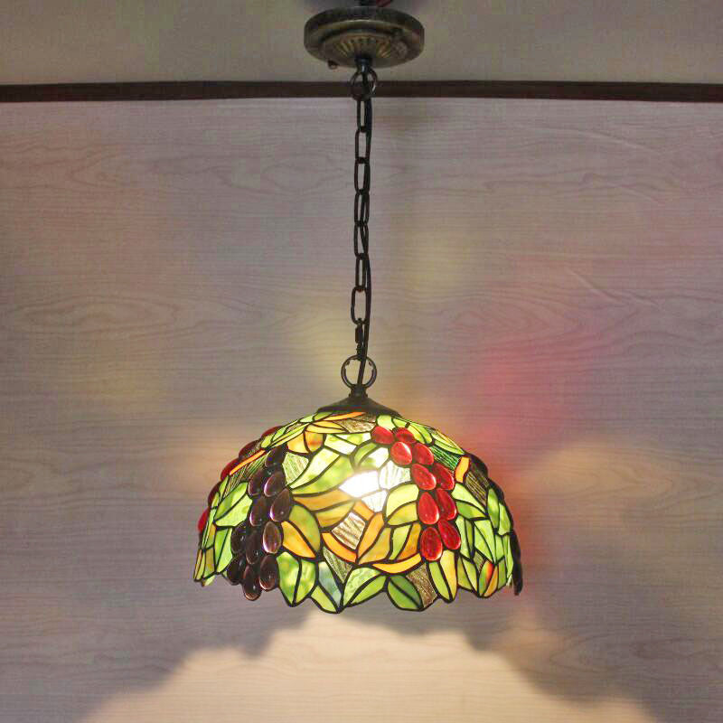 Stained Glass Pendant Light – 1-Head Grape-Inspired Dome Shade Hanging Fixture