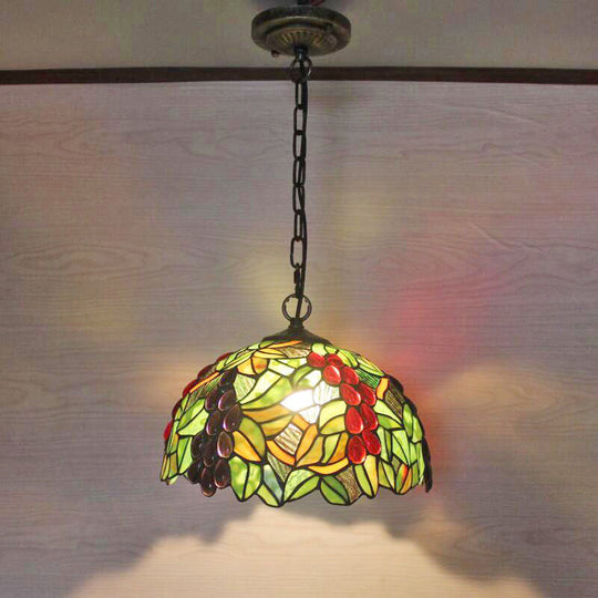 Stained Glass Pendant Light – 1-Head Grape-Inspired Dome Shade Hanging Fixture