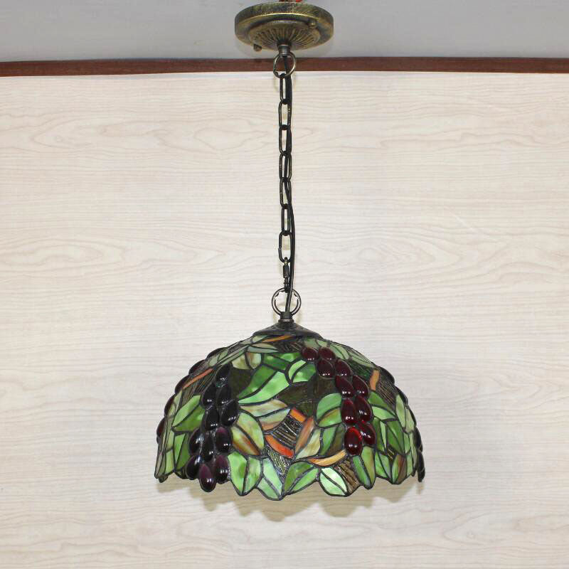 Stained Glass Pendant Light – 1-Head Grape-Inspired Dome Shade Hanging Fixture