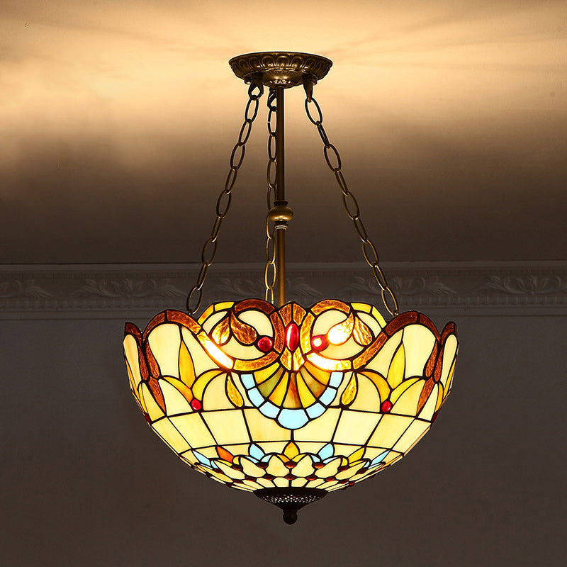 Tiffany-Style Pendant Light with Stained Art Glass Bowl Shade for Ceiling Suspension