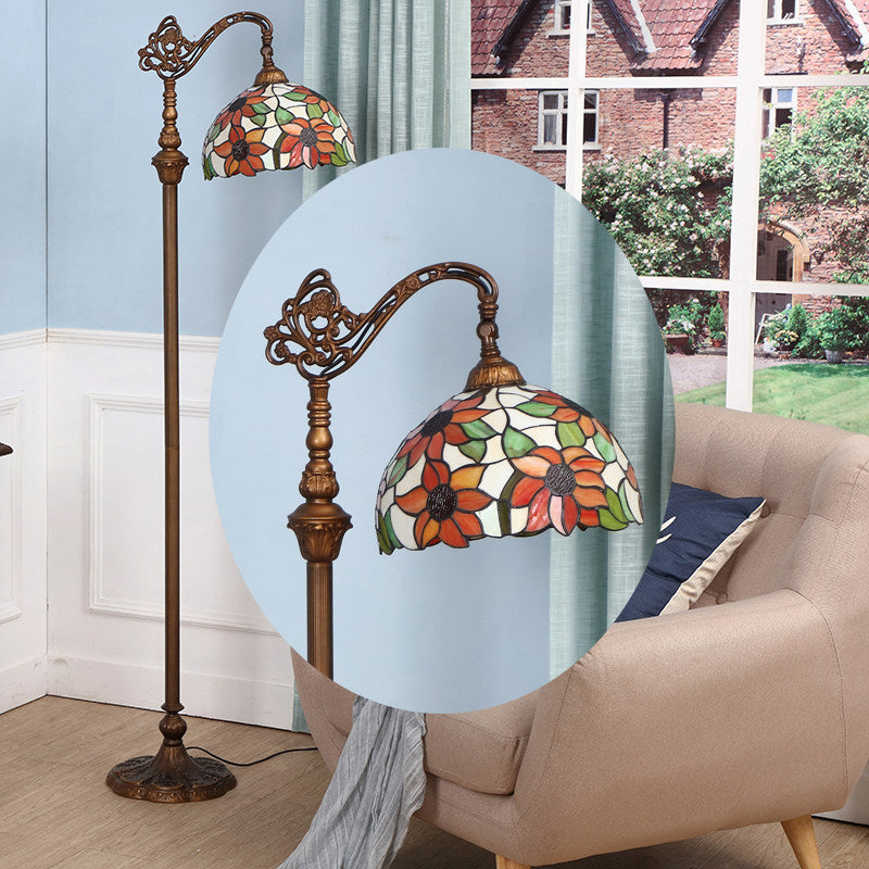 Classic Floral Stained Glass Reading Floor Light - Single-Bulb Standing Fixture In Orange