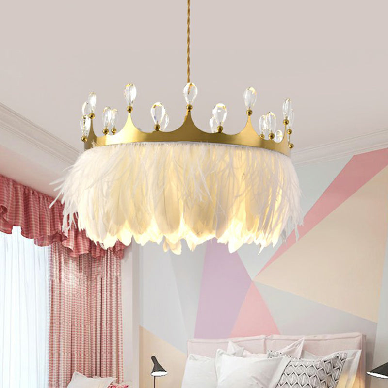 Modern Single Gold Crown Pendant Light with Crystal and Feather Accents - Metallic Suspension Fixture