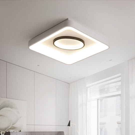Nordic Metal LED Flush Mount Light - Bedroom Square/Rectangle & Oval Design, 16"/19.5"/35.5" Wide, Warm/White Light, in Elegant White Finish