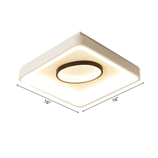 Nordic Metal LED Flush Mount Light - Bedroom Square/Rectangle & Oval Design, 16"/19.5"/35.5" Wide, Warm/White Light, in Elegant White Finish