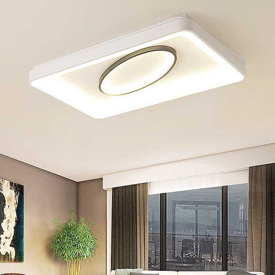 Nordic Metal LED Flush Mount Light - Bedroom Square/Rectangle & Oval Design, 16"/19.5"/35.5" Wide, Warm/White Light, in Elegant White Finish