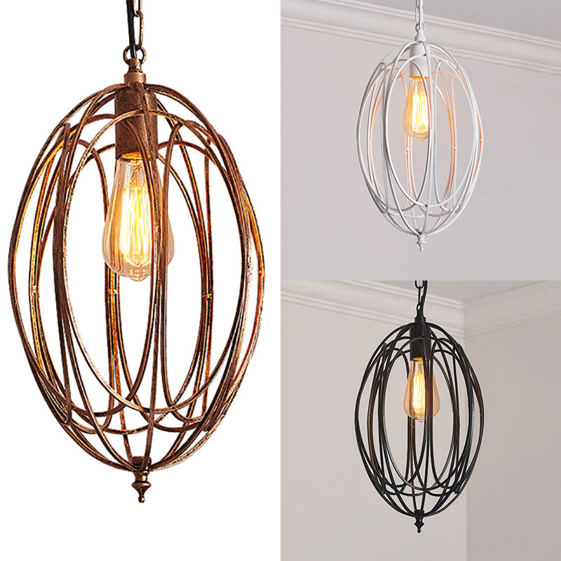 Retro Oval Pendant Light with Metallic Cage Shade - Black/White - Living Room Ceiling Lamp