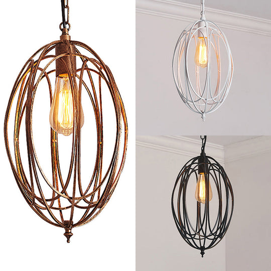 Retro Oval Pendant Light with Metallic Cage Shade - Black/White - Living Room Ceiling Lamp