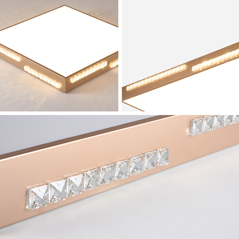 Golden Metal LED Flushmount Ceiling Lamp with Crystal Accents - Simple Square/Rectangular Design, 18"/21.5"/35.5" Wide for Bedroom