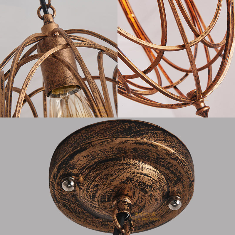 Retro Oval Pendant Light with Metallic Cage Shade - Black/White - Living Room Ceiling Lamp