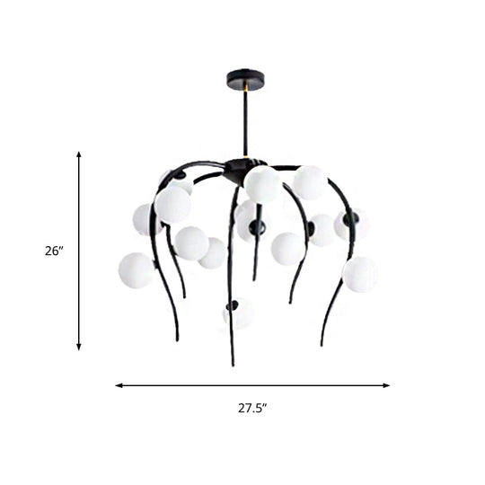 Modern Black/Gold Iron Branch Chandelier with Matte White Balls - 15/20-Light Dining Room Hanging Lamp