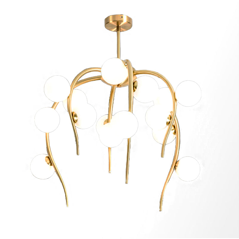 Modern Black/Gold Iron Branch Chandelier with Matte White Balls - 15/20-Light Dining Room Hanging Lamp