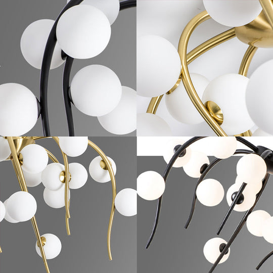 Modern Black/Gold Iron Chandelier With Matte White Balls - 15/20-Light Dining Room Hanging Lamp