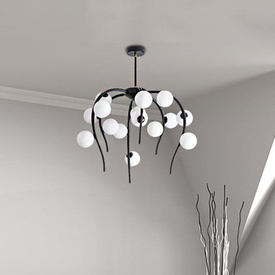 Modern Black/Gold Iron Branch Chandelier with Matte White Balls - 15/20-Light Dining Room Hanging Lamp