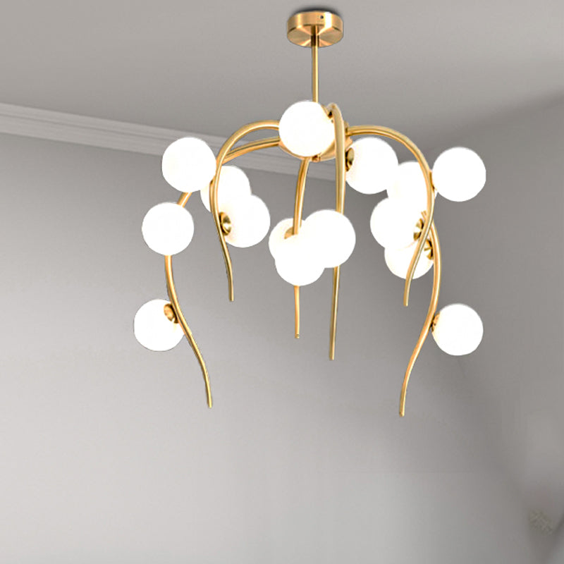 Modern Black/Gold Iron Branch Chandelier with Matte White Balls - 15/20-Light Dining Room Hanging Lamp