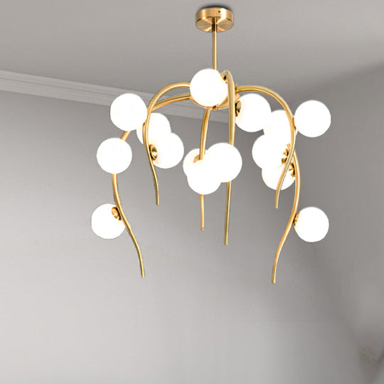 Modern Black/Gold Iron Branch Chandelier with Matte White Balls - 15/20-Light Dining Room Hanging Lamp