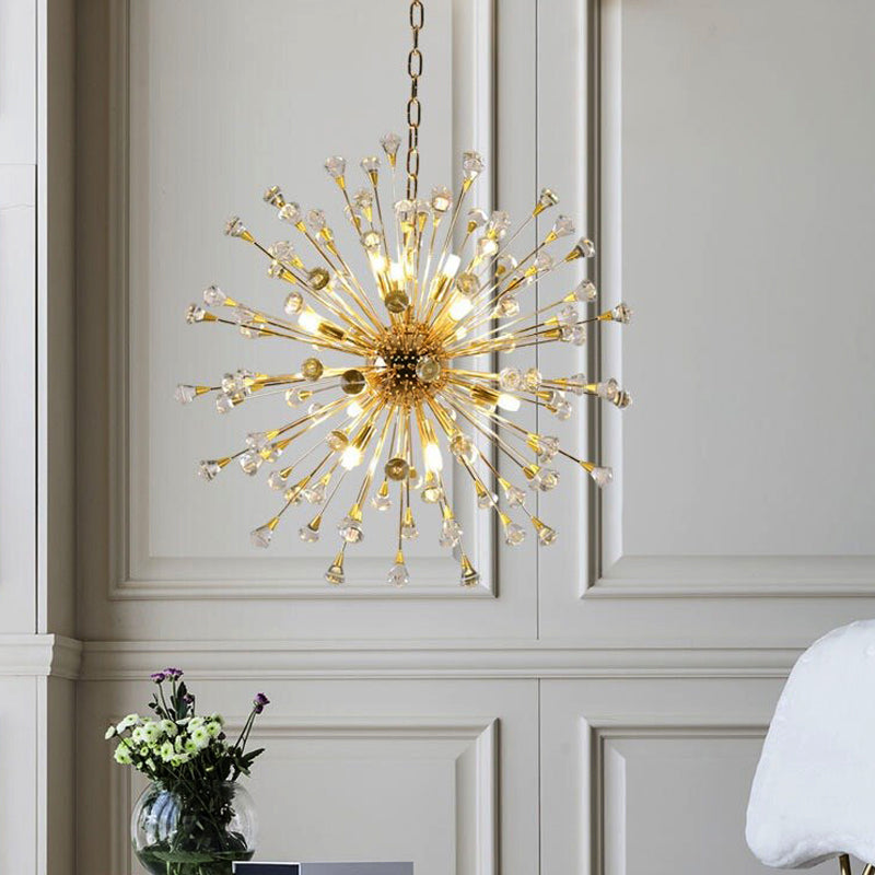 Postmodern LED Golden Urchin Chandelier with Crystal Accents