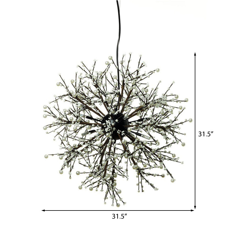 Modern LED Chandelier Lamp: Black Metal Ceiling Pendant Light, 23.5"/31.5" Wide, Dendritic Design with White/Multi-Colored Pearls