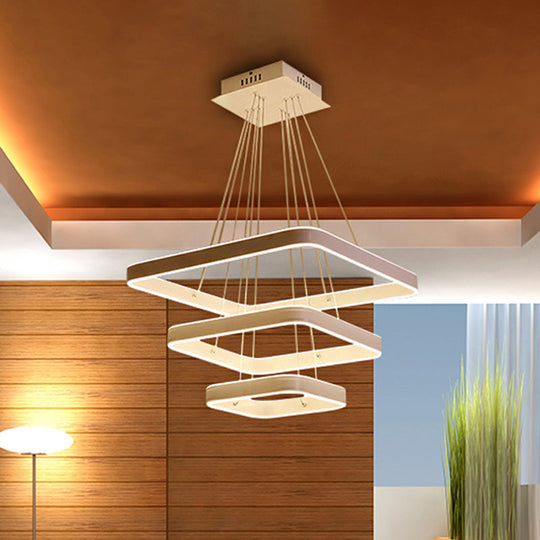 Modern LED Ceiling Chandelier: White 3-Tiered Square Hanging Light Fixture in Multi-Light Tones