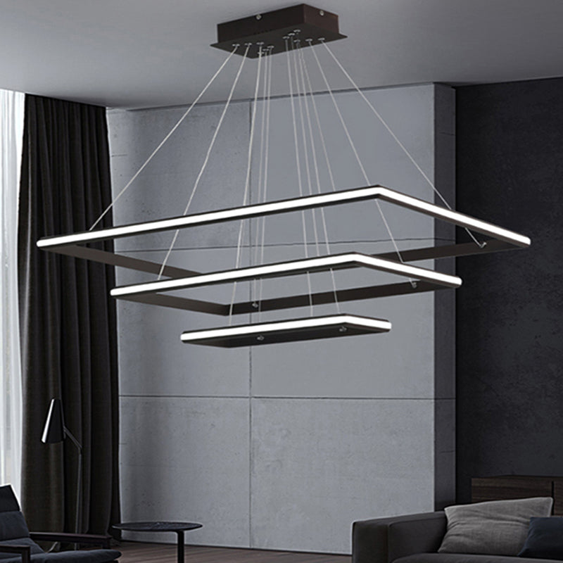 Modern Acrylic Rectangular Chandelier: Tiered Design, 3-Light, Black/White LED, White/Warm Light