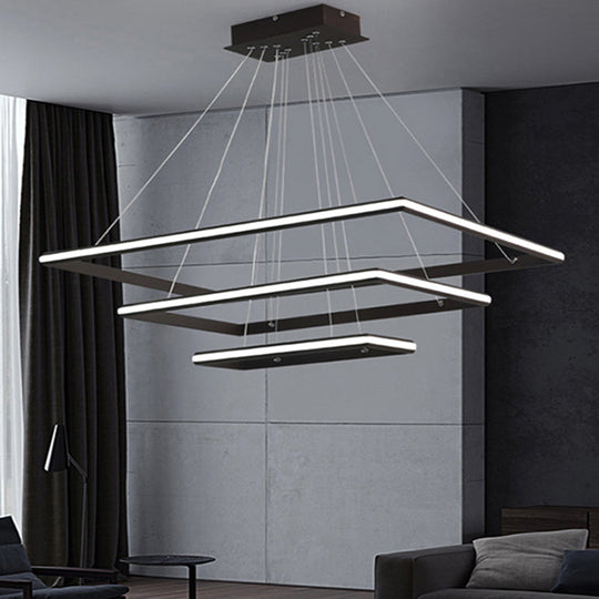 Modern Acrylic Rectangular Chandelier: Tiered Design, 3-Light, Black/White LED, White/Warm Light