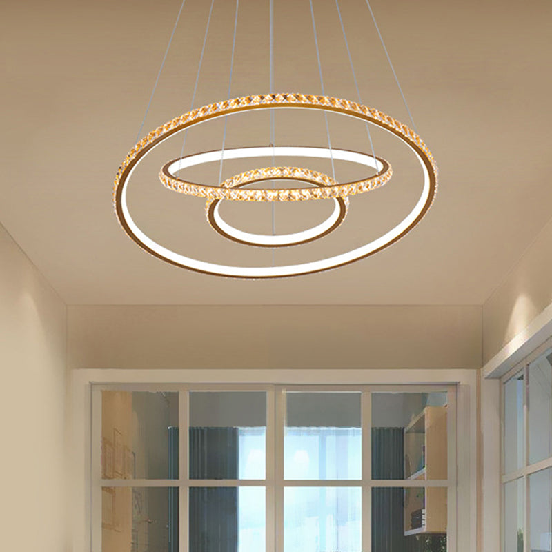 LED Crystal Chandelier Light Fixture, Modern Gold/Silver Ceiling Pendant with 3 Rings, Warm and White Lighting Options