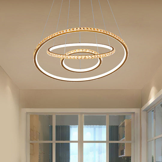 LED Crystal Chandelier Light Fixture, Modern Gold/Silver Ceiling Pendant with 3 Rings, Warm and White Lighting Options