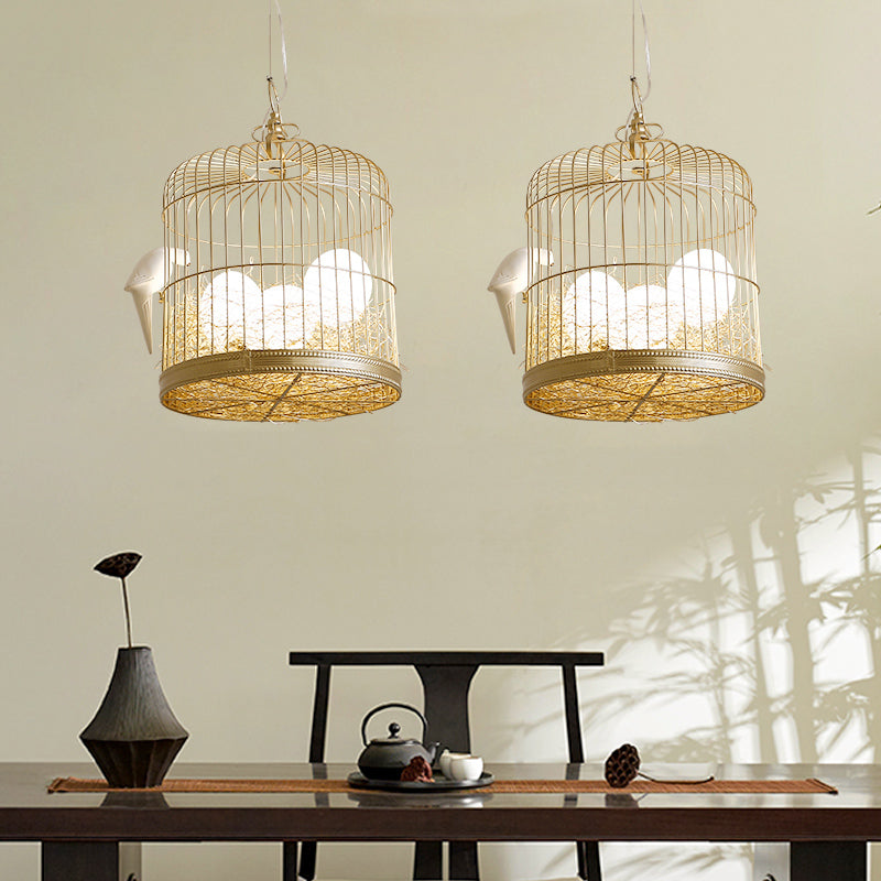 Rustic Matte White Glass Chandelier: Elegant Egg Shaped Hanging Light Fixture with Birdcage Design - 3 Lights