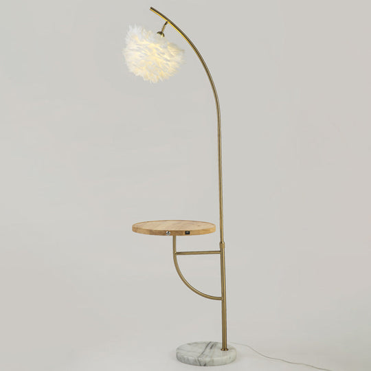 Modern Gold Feather Hemisphere Shade Floor Lamp With Wooden Tray - 1 Bulb Standing Light
