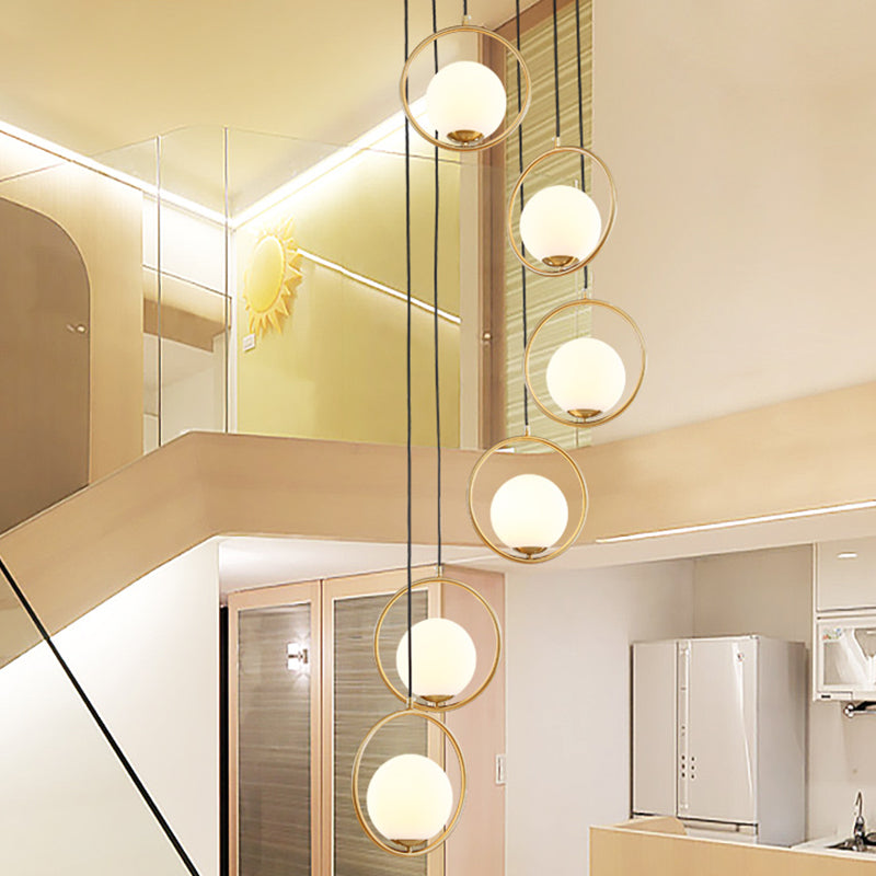 Contemporary Globe Multi Ceiling Lamp With Cream Glass And Black Halo Ring: Staircase Suspension
