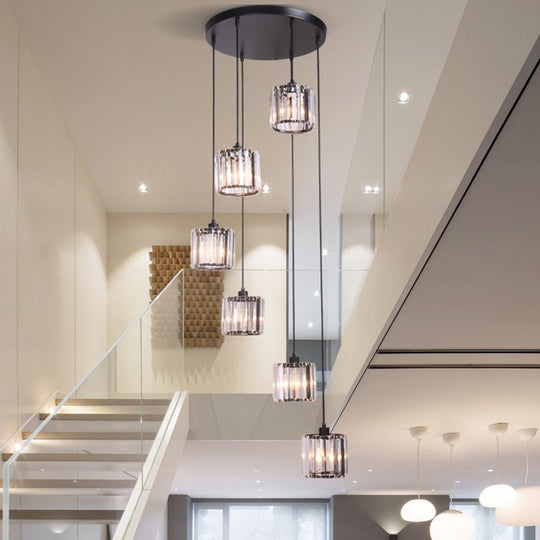 Contemporary Multi-Light Pendant With Geometrical Glass Shade For Staircase Suspension 6 / Black