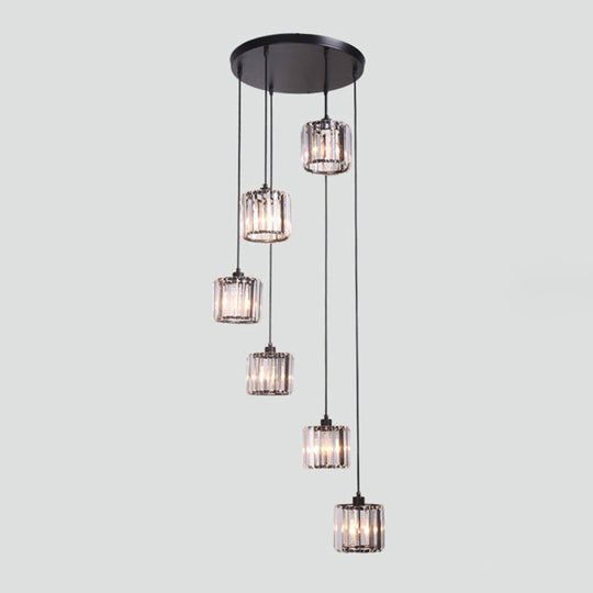 Contemporary Multi-Light Pendant With Geometrical Glass Shade For Staircase Suspension