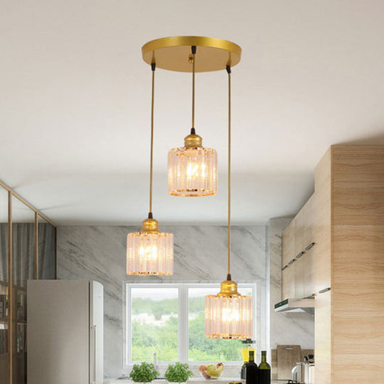 Modern Crystal Cylinder Pendant Light with 3 Bulbs - Gold Finish for Dining Room