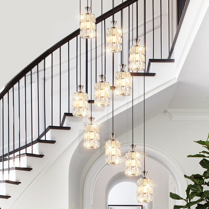 Modern Crystal-Encrusted Cylinder Ceiling Lamp - 10 Bulb Suspension Fixture for Staircase