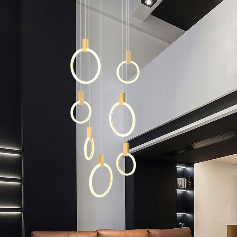 Contemporary LED Gold Pendant Light: Ring Shaped Acrylic, Ideal for Staircase