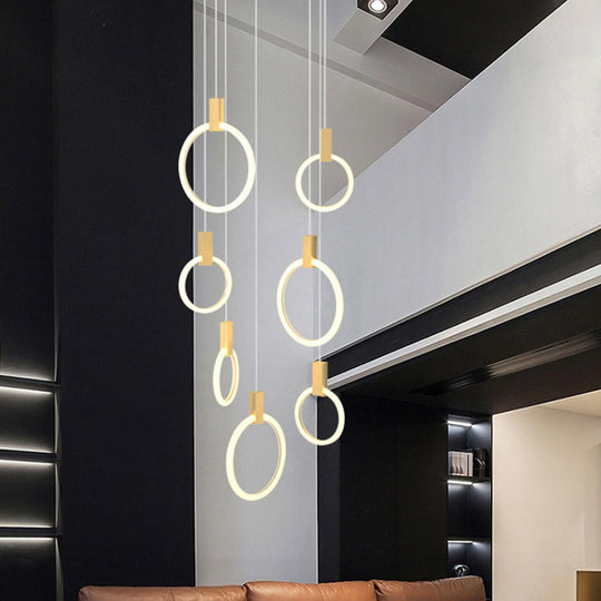 Contemporary LED Gold Pendant Light: Ring Shaped Acrylic, Ideal for Staircase