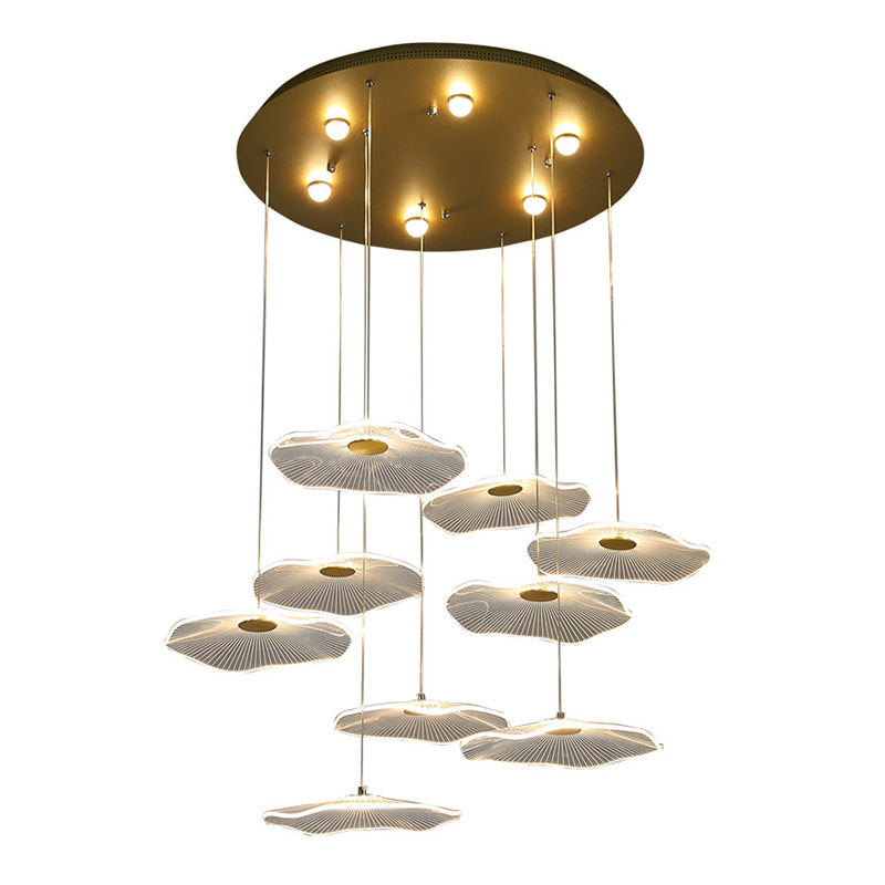Contemporary Gold Lotus Leaf LED Staircase Light Pendant - Acrylic Multi Light