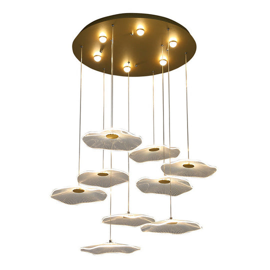 Contemporary Gold Staircase Led Pendant Light With Lotus Leaf Design