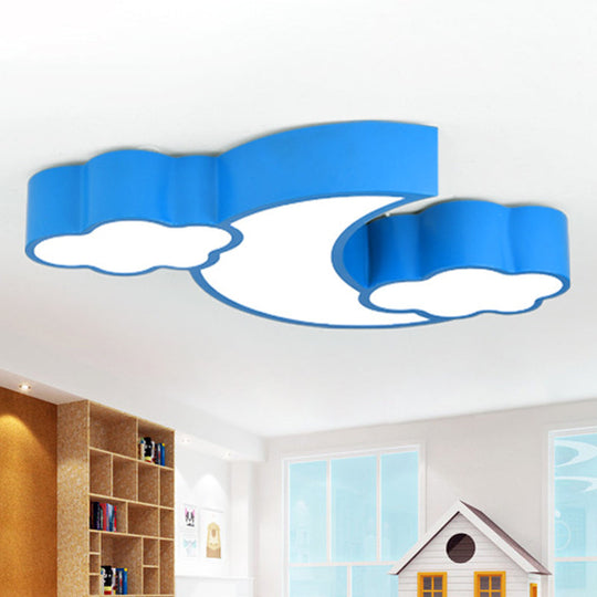 Childs Led Flush Ceiling Light: Adorable Moon And Cloud Cartoon Design With Acrylic Finish Blue /
