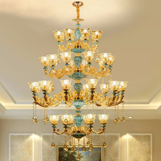 Ruffled Edge Gold Pendant Light With Crystal Draping - Retro Handblown Glass Chandelier For Living